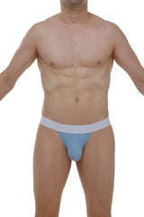 Light blue form-fitting g-string jockstrap with contrasting white waistband from saleon skine blue collection