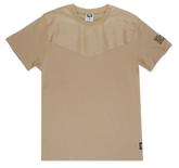 Beige short-sleeved gtl4 panel t-shirt with subtle geometric chest panel and branded patches on sleeve and hem