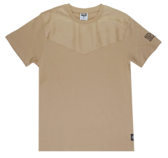Beige short-sleeved gtl4 panel t-shirt with subtle geometric chest panel and branded patches on sleeve and hem