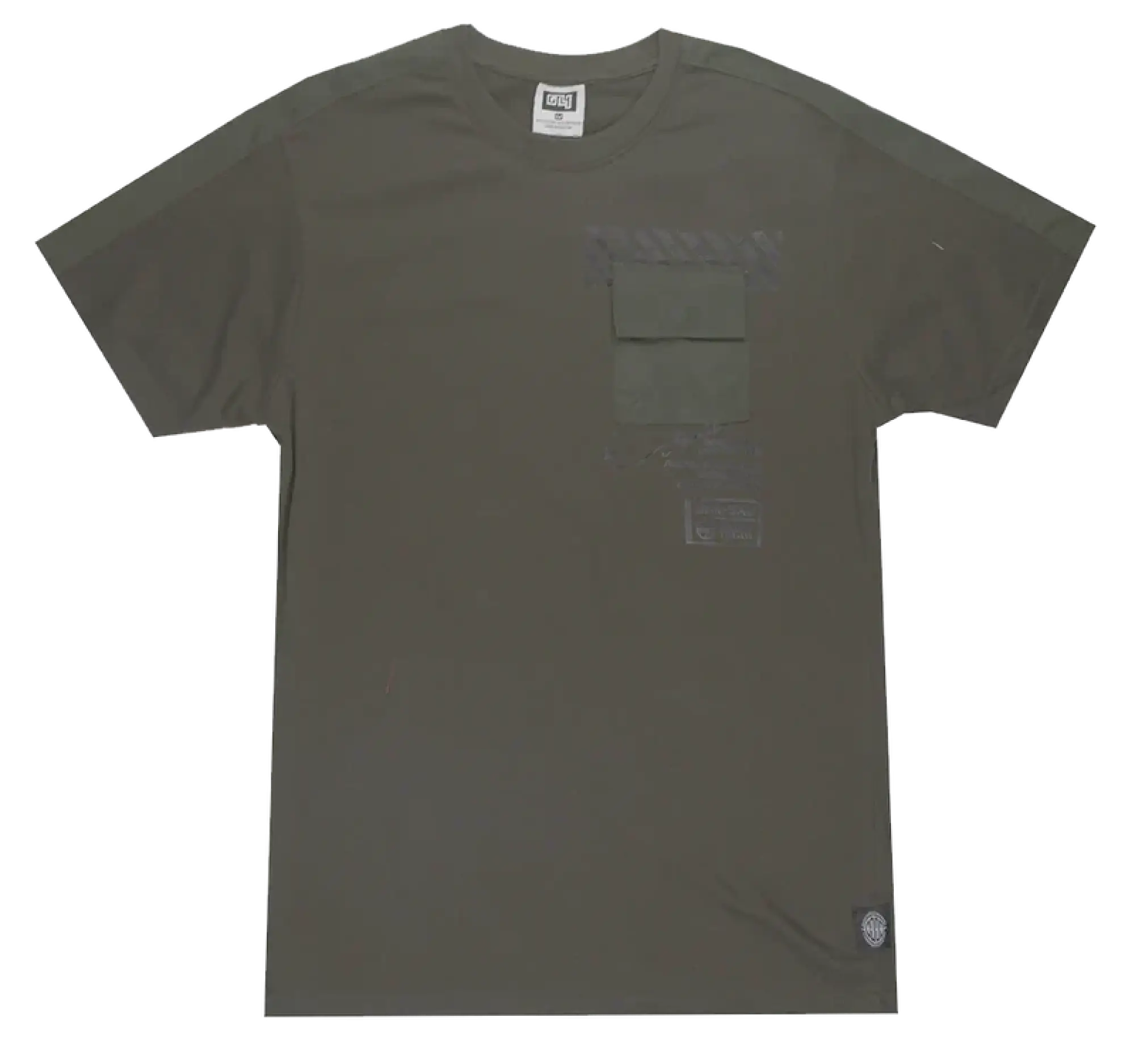 Olive green gtl4 panel t-shirt with short sleeves chest pocket and subtle faded graphic details