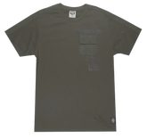 Olive green gtl4 panel t-shirt with short sleeves chest pocket and subtle faded graphic details