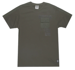 Olive green gtl4 panel t-shirt with short sleeves chest pocket and subtle faded graphic details