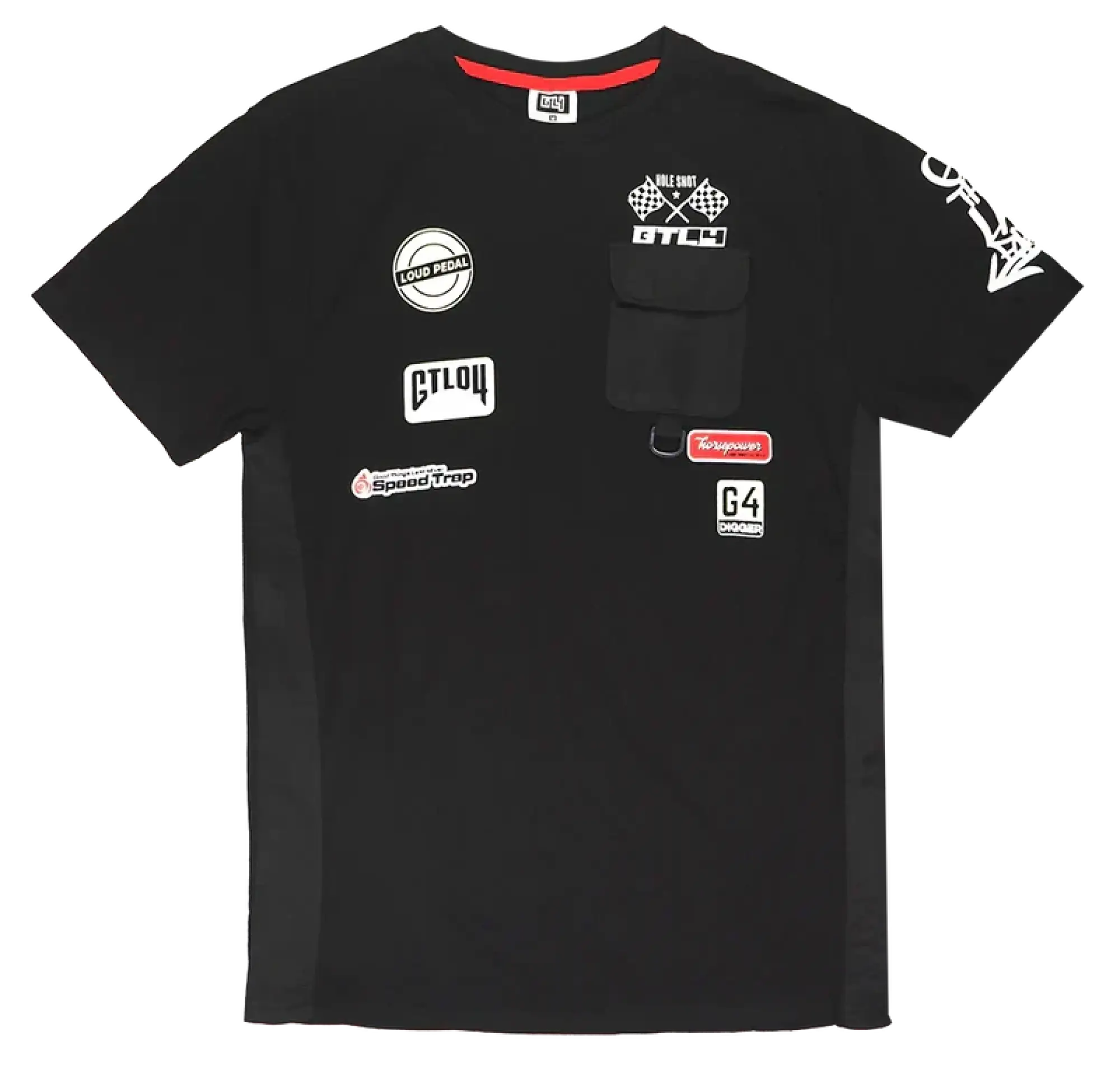 Black short-sleeved GTL4 pocket t-shirt with red collar trim and racing-themed patches on chest and pocket