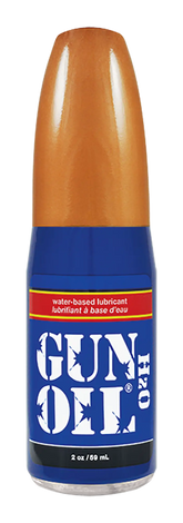 Blue and orange bottle of gun oil h2o 120 water-based lubricant designed for smooth firearm maintenance
