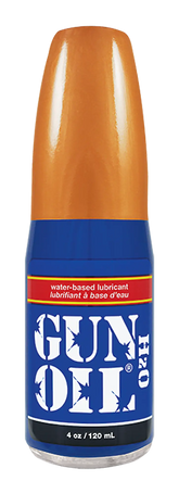 Orange and blue gun oil h2o water-based lubricant in a clear glass bottle for smooth and safe use