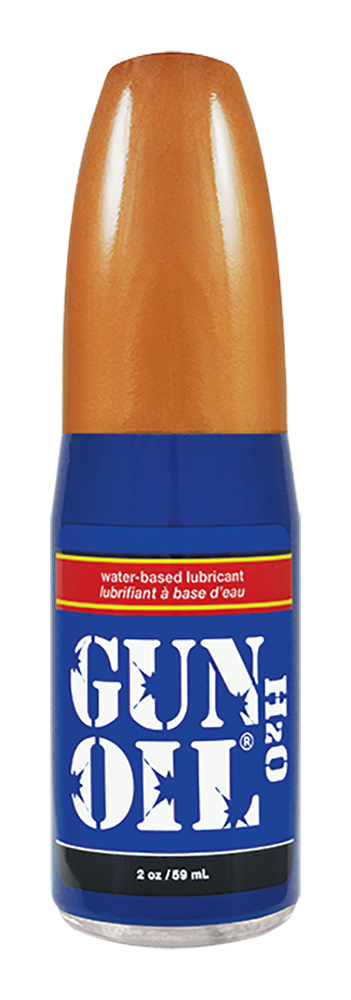 Blue and orange bottle of gun oil h2o 120 water-based lubricant designed for smooth firearm maintenance