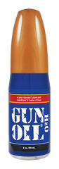 Blue and orange bottle of gun oil h2o 120 water-based lubricant designed for smooth firearm maintenance