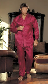 A man wearing a shiny deep red satin pajama set with subtle vertical stripes gyz silky soft stripe pajama set burgundy size s