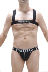 Black petitq branded athletic supporter harness ancille black with white lettering and zipper detailing