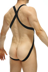 Black form-fitting one-piece swimsuit with distinctive crisscross back design shown from the back for stylish wear