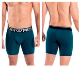Teal solid athletic men’s boxer briefs with black and white hawaii waistband in petrol color for active use