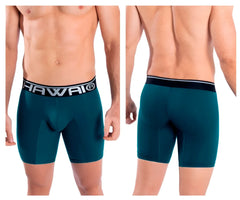 Teal solid athletic men’s boxer briefs with black and white hawaii waistband in petrol color for active use
