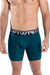 Teal mens athletic boxer briefs with black waistband and hawaii logo in white made from solid fabric petrol color