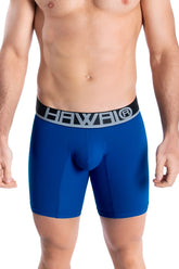 Blue men’s boxer briefs with a black waistband featuring the hawaii logo in silver lettering royal blue color
