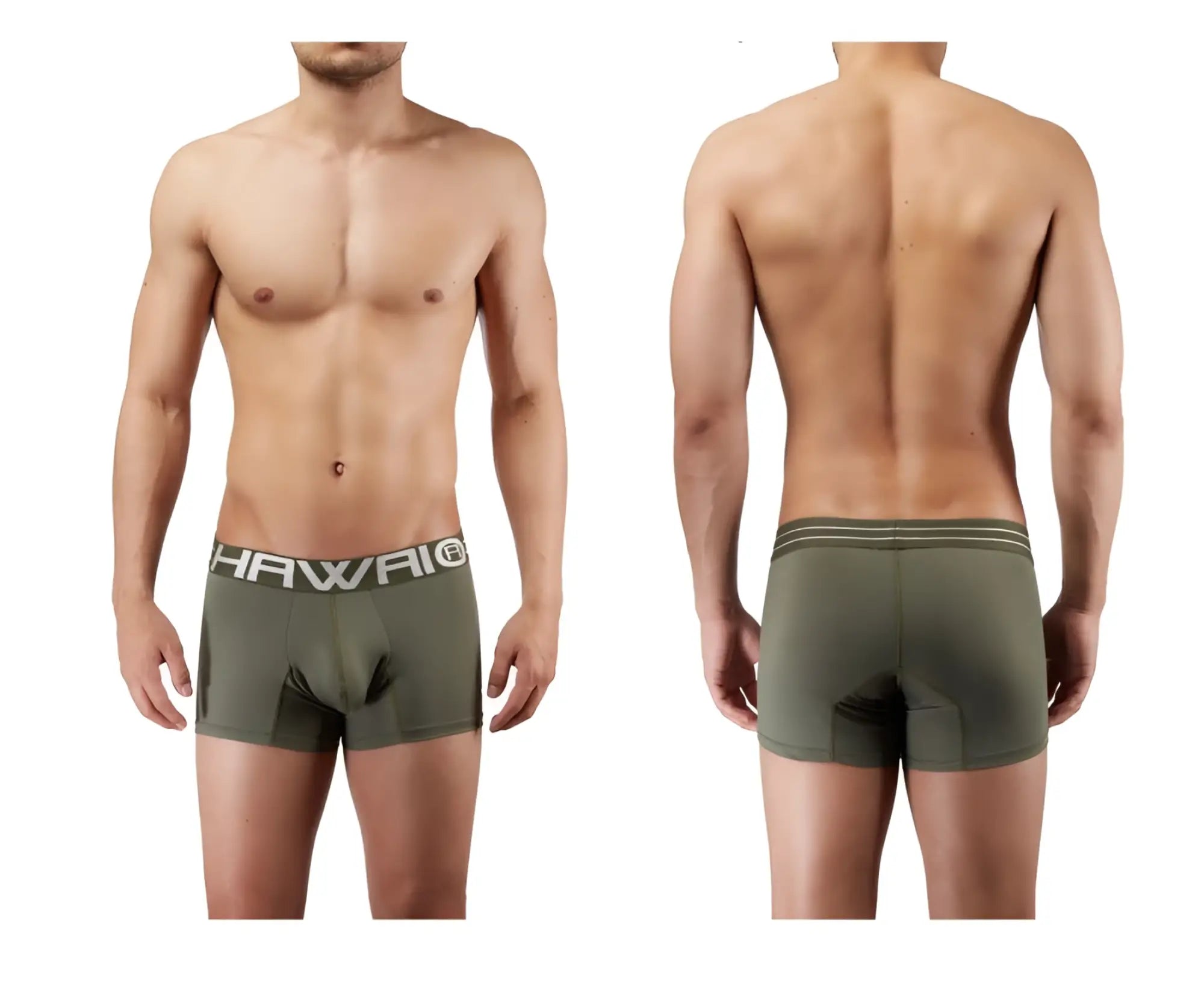 Olive green men’s boxer briefs with gray waistband featuring hawaii logo in white lettering military green color