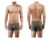 Olive green men’s boxer briefs with gray waistband featuring hawaii logo in white lettering military green color