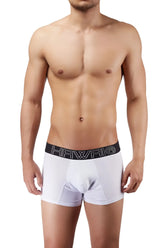 White men’s boxer briefs with a black elastic waistband featuring the hawaii logo in white lettering