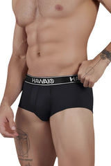 Black Hawai 41961 microfiber men’s briefs in black with a white elastic waistband featuring the brand logo