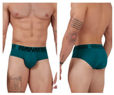 Teal microfiber men’s briefs with a black hawaii logo on the waistband in the color green