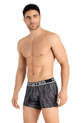Black and gray patterned boxer briefs with white hawai logo on waistband in gray color for comfortable everyday wear