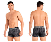 Gray black patterned boxer briefs with a white bibl logo waistband in the hawai 42021 trunks color gray design