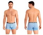 Light blue HAWAI 42022 trunks boxer briefs with geometric pattern and black waistband featuring Hawaii brand name