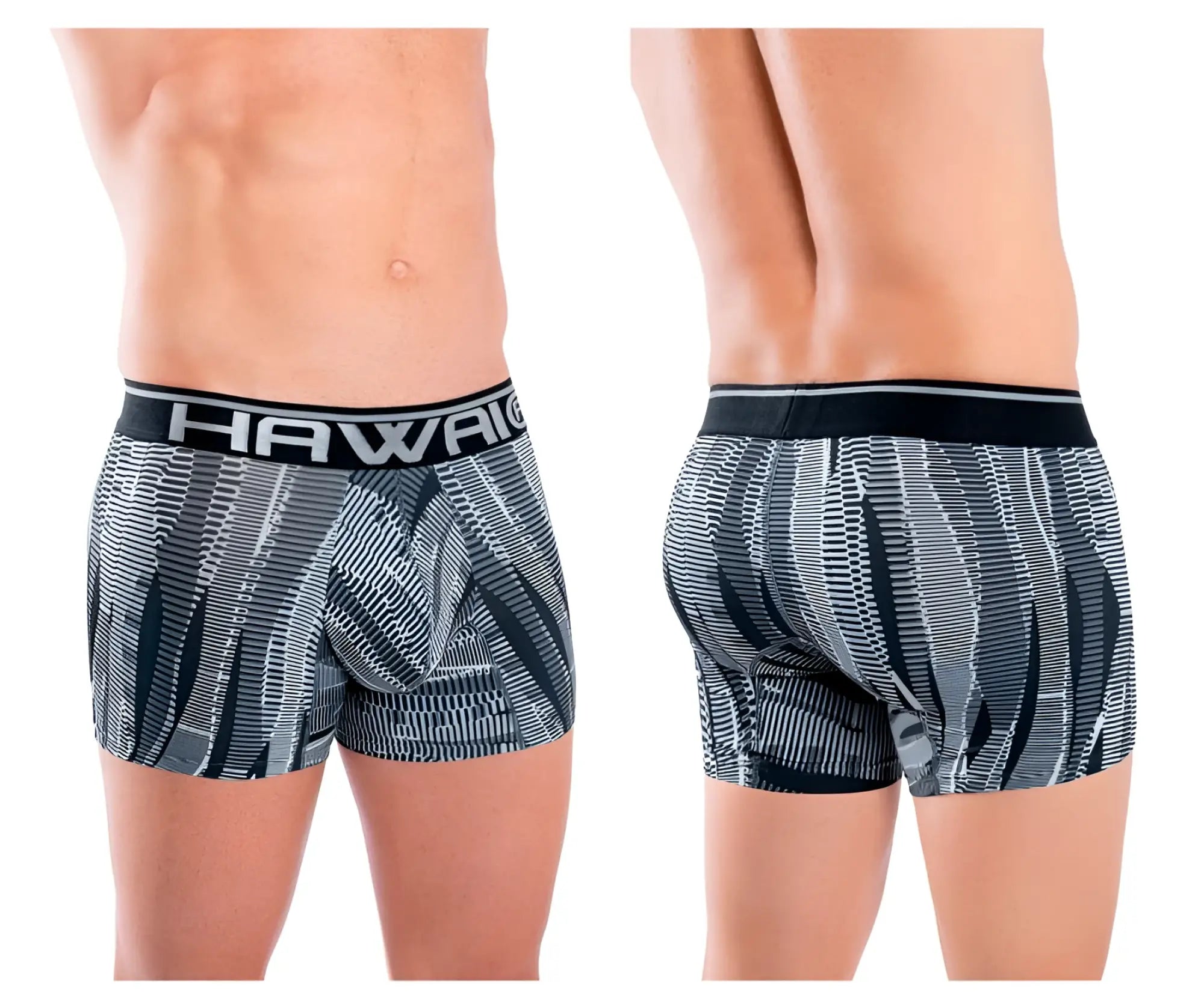 Black and gray patterned men’s boxer briefs with bold hawaii waistband in HAWAI 42121 printed athletic trunks color black
