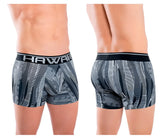 Black and gray patterned men’s boxer briefs with bold hawaii waistband in HAWAI 42121 printed athletic trunks color black