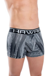 Black and gray patterned men’s boxer briefs with bold hawaii waistband designed for athletic use in black color