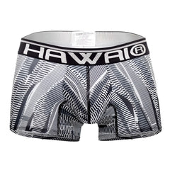 Black and white patterned men’s boxer briefs with bold hawaii logo waistband in printed athletic trunks color black