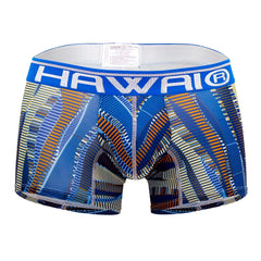 Blue and brown patterned men’s boxer briefs with bold hawaii waistband in royal blue printed athletic trunks design