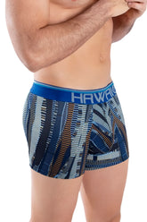 Blue and gray patterned boxer briefs with bold geometric design and hawaii brand waistband in royal blue color