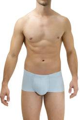 Light blue microfiber trunks with smooth texture and subtle brand logo on waistband for men by HAWAI 42142