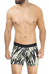 Black and white patterned microfiber trunks with bold abstract leaf design in military green color hawai 42172