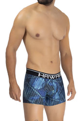 Blue patterned printed microfiber trunks with black waistband and hawaii text in royal blue color