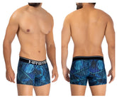 Blue patterned hawaii microfiber men’s boxer briefs with a black waistband in royal blue color