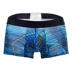 Blue and teal abstract patterned men’s microfiber boxer briefs with black havio branded elastic waistband royal blue color
