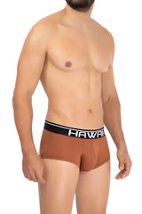 Brown hawaii brand solid microfiber briefs in amber with a black waistband featuring white lettering