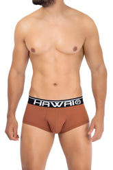 Brown men’s microfiber briefs in amber with a black waistband featuring the hawaii logo in white lettering