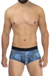 Blue patterned men’s microfiber briefs with black waistband in royal blue color for comfortable daily wear