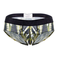 Black and green patterned hawaï 42192 microfiber hip briefs with bold abstract military green design