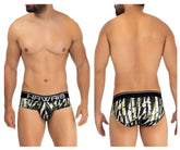 Black and white bamboo patterned hawai 42192 printed microfiber hip briefs with solid black waistband in military green