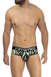 Men’s hawai 42192 printed microfiber hip briefs in military green with black and white tropical leaf pattern and black waistband