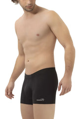 Black hawaii microfiber trunks with a subtle white logo on the lower left leg in color black