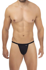 Black microfiber men’s thong in sleek minimalist design with hivan embroidered in white on front in color black