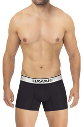 Black havai men’s microfiber boxer briefs in black with a white elastic waistband featuring the brand name