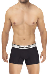 Black havai men’s microfiber boxer briefs in black with a white elastic waistband featuring the brand name