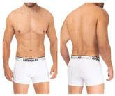 White men’s microfiber boxer briefs with a silver waistband and hawaii brand name in black lettering color white