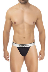 Black hawai brand microfiber thongs in black with a white waistband featuring the logo visible from the front