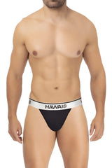 Black hawai brand microfiber thongs in black with a white waistband featuring the logo visible from the front